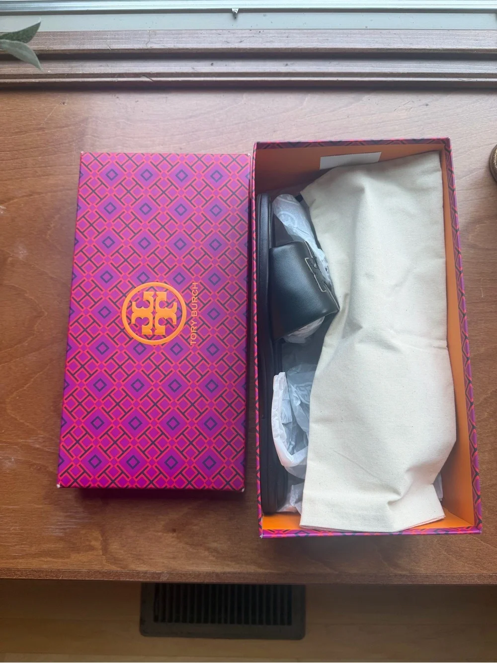Tory Burch Black Slide Mules with Gold-Trim Logo